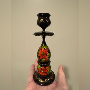 Ukrainian Hand Painted Signed Floral Candlestick Holder Vintage